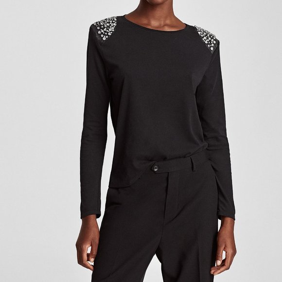 ZARA - Jeweled Embellished Padded Shoulders T-Shirt - Picture 2 of 9